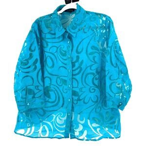 Notations Women's‎ Sheer Linen Blend Button Front Blouse XL Petite Blue Floral